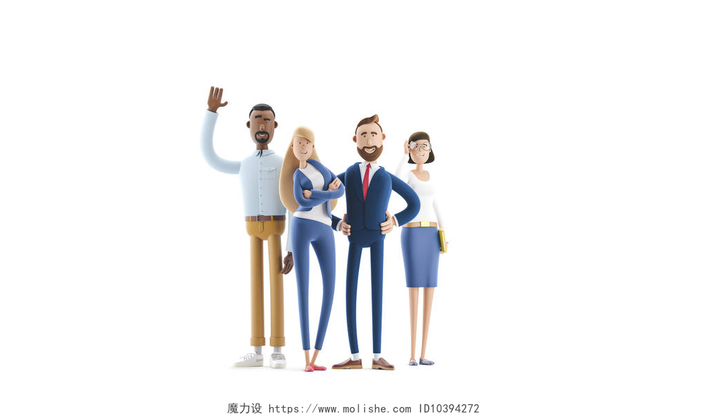 白色背景上四个3D小人一个由专业人士组成的工作组。 3D例证。 卡通人物。 业务团队合作概念. 